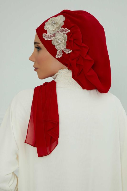 Yandan Fırfırlı Çiçek Aksesuarlı Şifon Hazır Türban,HT-102,HT-102 Kırmızı-Gold - 7