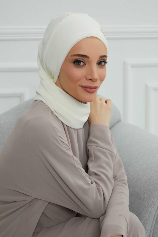 Yandan Fırfırlı Çiçek Aksesuarlı Şifon Hazır Türban,HT-102,HT-102 Krem-Gold - 5