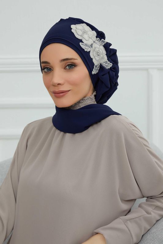 Yandan Fırfırlı Çiçek Aksesuarlı Şifon Hazır Türban,HT-102,HT-102 Lacivert-Gümüş - 1