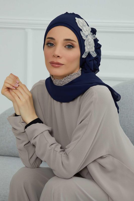 Yandan Fırfırlı Çiçek Aksesuarlı Şifon Hazır Türban,HT-102,HT-102 Lacivert-Gümüş - 2