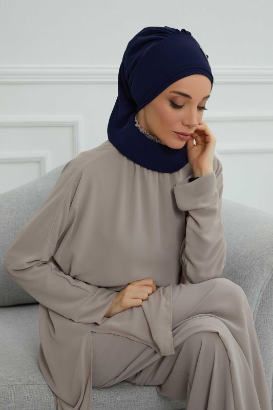 Yandan Fırfırlı Çiçek Aksesuarlı Şifon Hazır Türban,HT-102,HT-102 Lacivert-Gümüş - 3