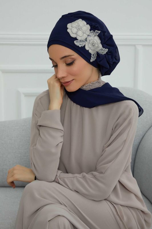 Yandan Fırfırlı Çiçek Aksesuarlı Şifon Hazır Türban,HT-102,HT-102 Lacivert-Gümüş - 4