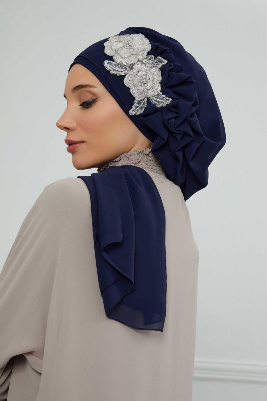 Yandan Fırfırlı Çiçek Aksesuarlı Şifon Hazır Türban,HT-102,HT-102 Lacivert-Gümüş - 5