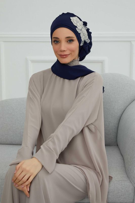Yandan Fırfırlı Çiçek Aksesuarlı Şifon Hazır Türban,HT-102,HT-102 Lacivert-Gümüş - 6