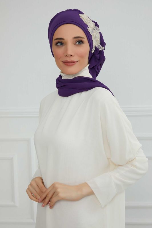 Yandan Fırfırlı Çiçek Aksesuarlı Şifon Hazır Türban,HT-102,HT-102 Mor-Gold - 1