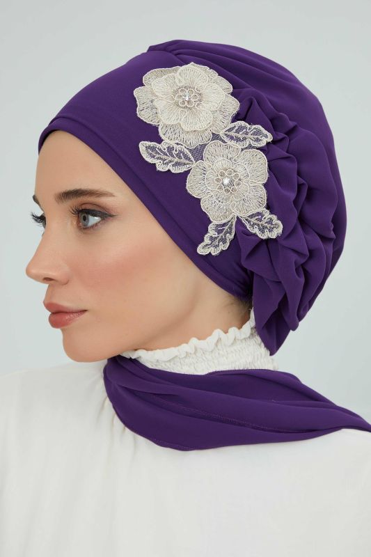 Yandan Fırfırlı Çiçek Aksesuarlı Şifon Hazır Türban,HT-102,HT-102 Mor-Gold - 2