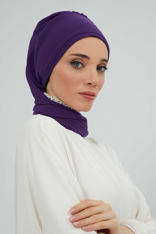 Yandan Fırfırlı Çiçek Aksesuarlı Şifon Hazır Türban,HT-102,HT-102 Mor-Gold - 4
