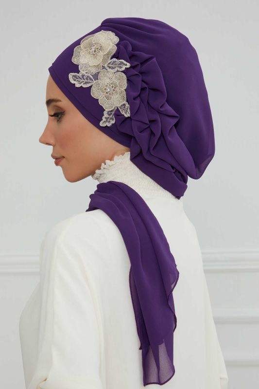 Yandan Fırfırlı Çiçek Aksesuarlı Şifon Hazır Türban,HT-102,HT-102 Mor-Gold - 6