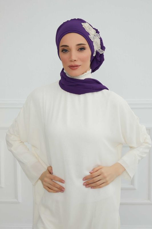 Yandan Fırfırlı Çiçek Aksesuarlı Şifon Hazır Türban,HT-102,HT-102 Mor-Gold - 7