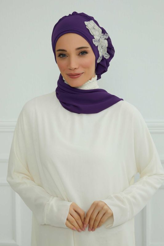 Yandan Fırfırlı Çiçek Aksesuarlı Şifon Hazır Türban,HT-102,HT-102 Mor-Gümüş - 1