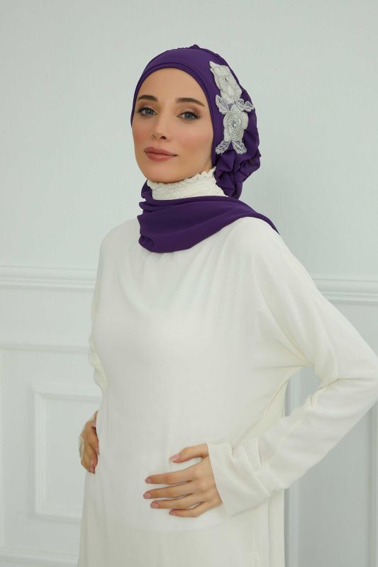Yandan Fırfırlı Çiçek Aksesuarlı Şifon Hazır Türban,HT-102,HT-102 Mor-Gümüş - 2