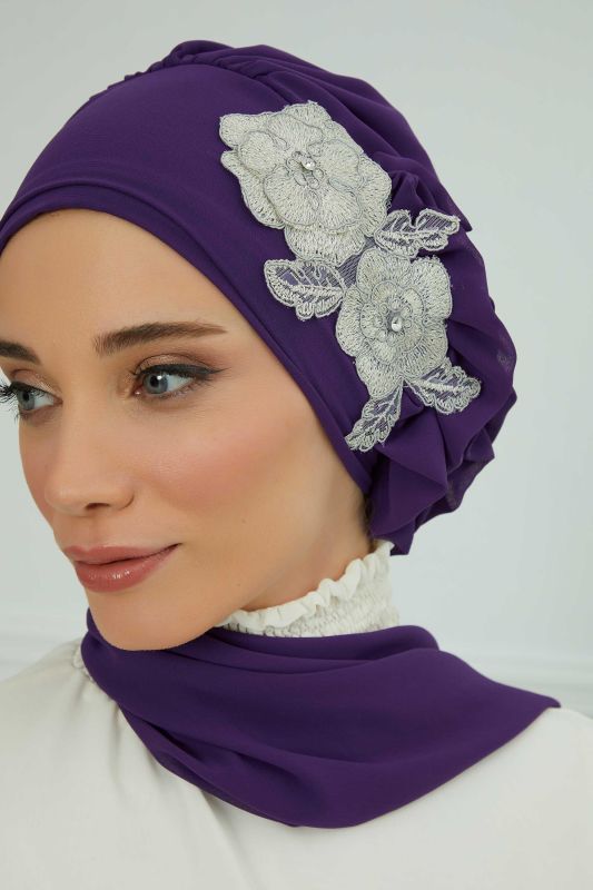 Yandan Fırfırlı Çiçek Aksesuarlı Şifon Hazır Türban,HT-102,HT-102 Mor-Gümüş - 6
