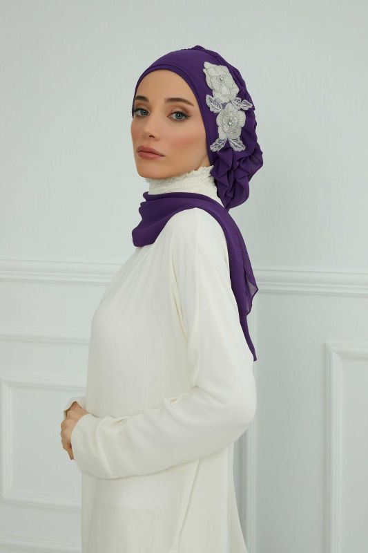 Yandan Fırfırlı Çiçek Aksesuarlı Şifon Hazır Türban,HT-102,HT-102 Mor-Gümüş - 7