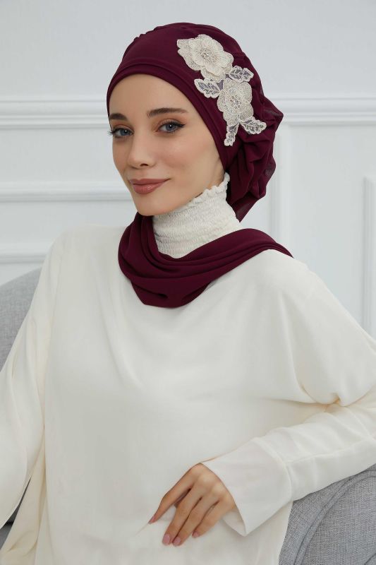 Yandan Fırfırlı Çiçek Aksesuarlı Şifon Hazır Türban,HT-102,HT-102 Mürdüm-Gold - 1