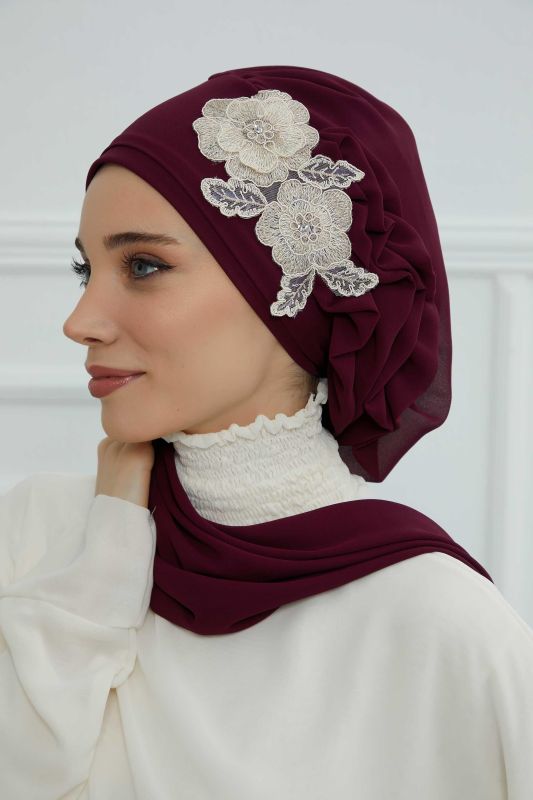 Yandan Fırfırlı Çiçek Aksesuarlı Şifon Hazır Türban,HT-102,HT-102 Mürdüm-Gold - 2