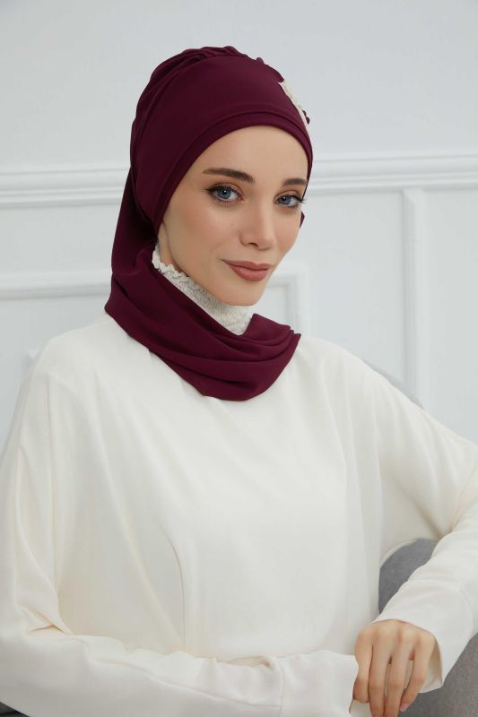 Yandan Fırfırlı Çiçek Aksesuarlı Şifon Hazır Türban,HT-102,HT-102 Mürdüm-Gold - 3