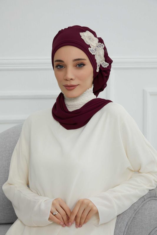Yandan Fırfırlı Çiçek Aksesuarlı Şifon Hazır Türban,HT-102,HT-102 Mürdüm-Gold - 4