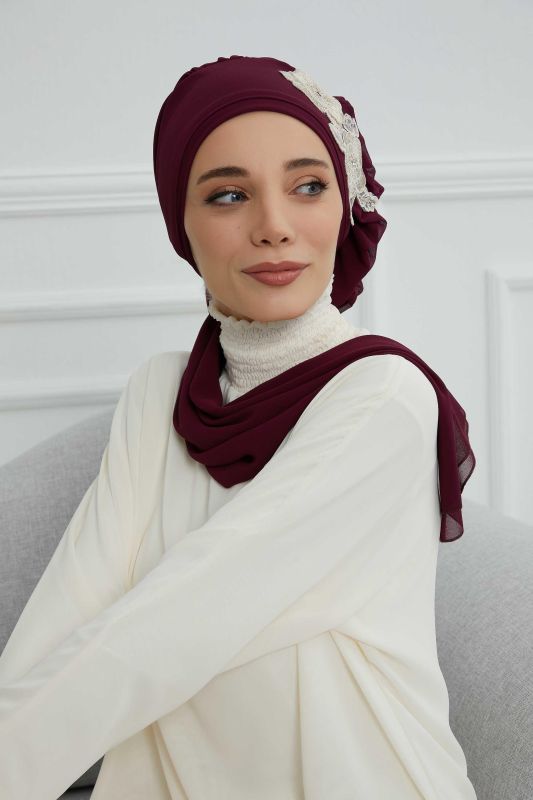 Yandan Fırfırlı Çiçek Aksesuarlı Şifon Hazır Türban,HT-102,HT-102 Mürdüm-Gold - 5