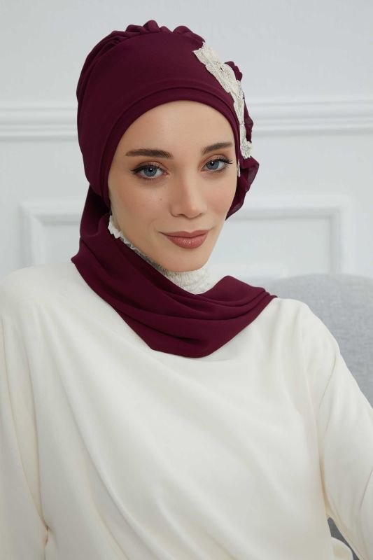 Yandan Fırfırlı Çiçek Aksesuarlı Şifon Hazır Türban,HT-102,HT-102 Mürdüm-Gold - 6