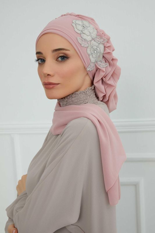 Yandan Fırfırlı Çiçek Aksesuarlı Şifon Hazır Türban,HT-102,HT-102 Pudra-Gümüş - 1