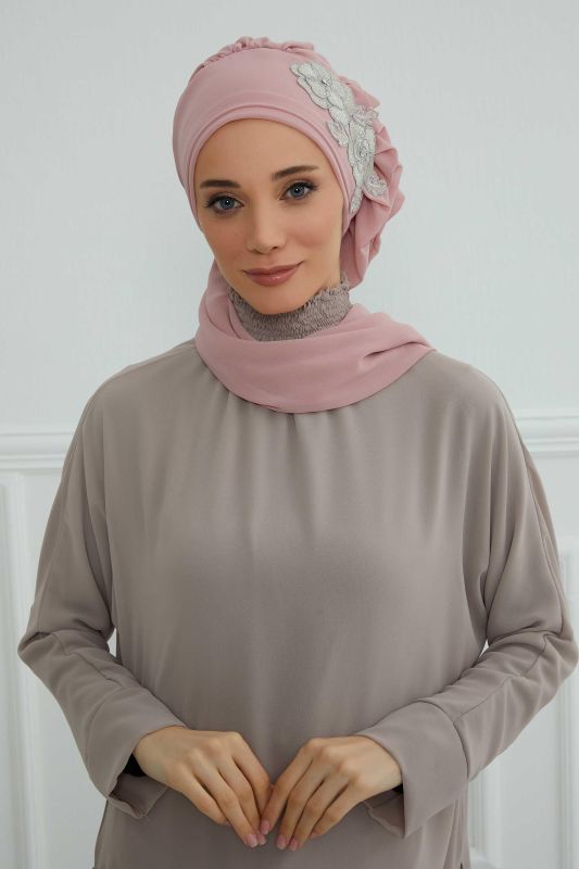 Yandan Fırfırlı Çiçek Aksesuarlı Şifon Hazır Türban,HT-102,HT-102 Pudra-Gümüş - 3