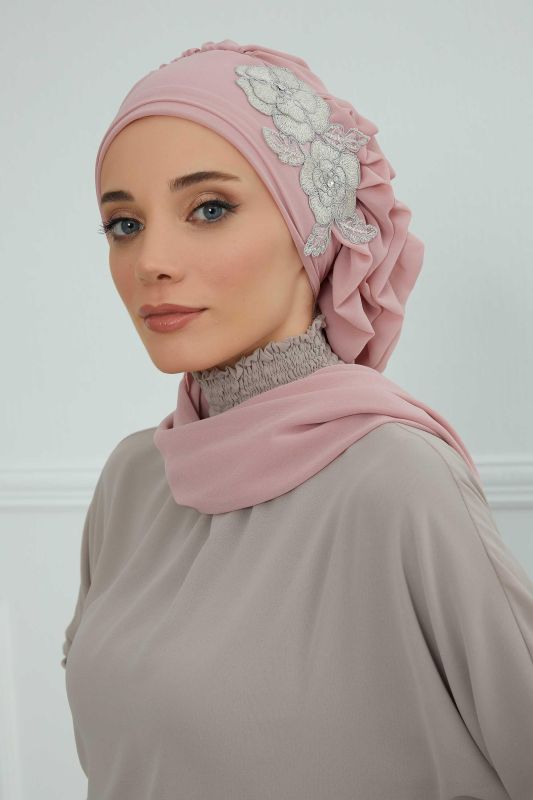 Yandan Fırfırlı Çiçek Aksesuarlı Şifon Hazır Türban,HT-102,HT-102 Pudra-Gümüş - 4