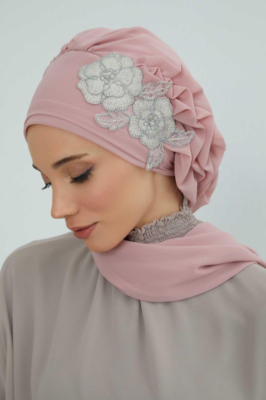 Yandan Fırfırlı Çiçek Aksesuarlı Şifon Hazır Türban,HT-102,HT-102 Pudra-Gümüş - 5