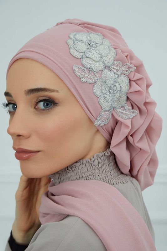 Yandan Fırfırlı Çiçek Aksesuarlı Şifon Hazır Türban,HT-102,HT-102 Pudra-Gümüş - 7