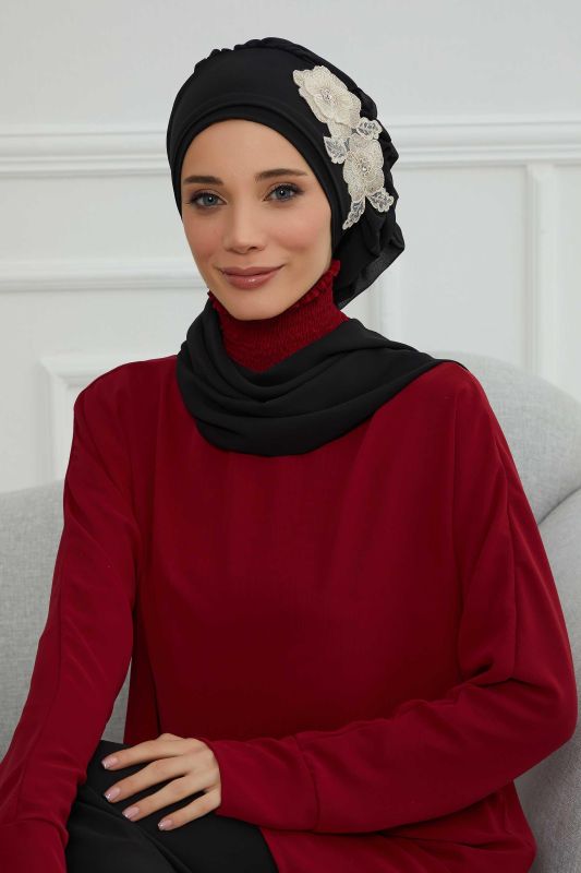 Yandan Fırfırlı Çiçek Aksesuarlı Şifon Hazır Türban,HT-102,HT-102 Siyah-Gold - 2