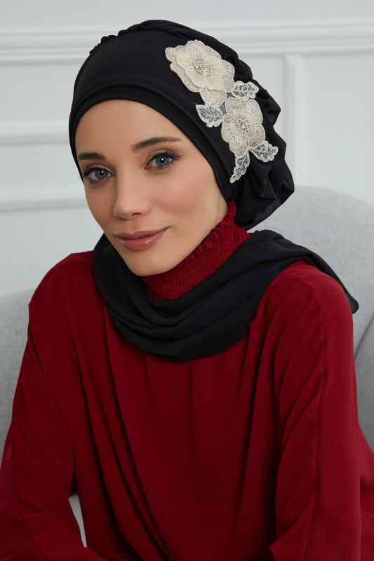 Yandan Fırfırlı Çiçek Aksesuarlı Şifon Hazır Türban,HT-102,HT-102 Siyah-Gold - 4
