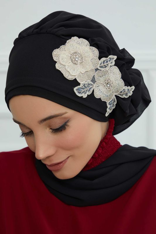 Yandan Fırfırlı Çiçek Aksesuarlı Şifon Hazır Türban,HT-102,HT-102 Siyah-Gold - 7