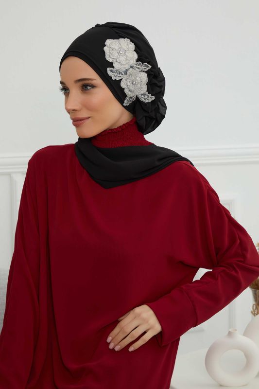 Yandan Fırfırlı Çiçek Aksesuarlı Şifon Hazır Türban,HT-102,HT-102 Siyah-Gümüş - 1