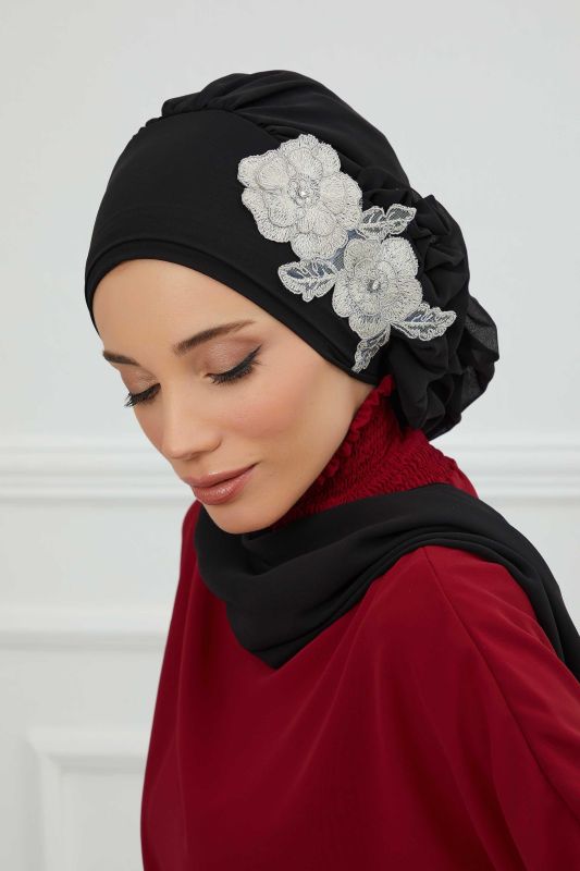 Yandan Fırfırlı Çiçek Aksesuarlı Şifon Hazır Türban,HT-102,HT-102 Siyah-Gümüş - 2