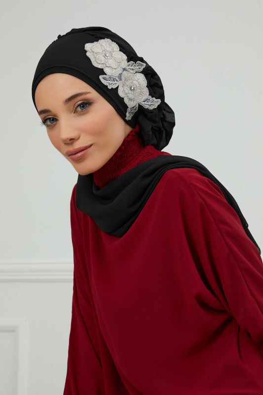Yandan Fırfırlı Çiçek Aksesuarlı Şifon Hazır Türban,HT-102,HT-102 Siyah-Gümüş - 3