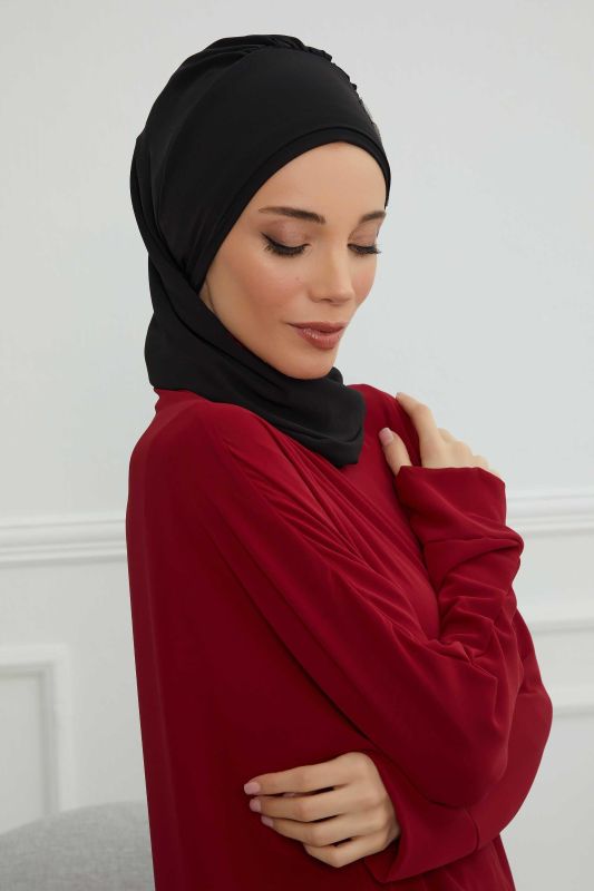 Yandan Fırfırlı Çiçek Aksesuarlı Şifon Hazır Türban,HT-102,HT-102 Siyah-Gümüş - 4