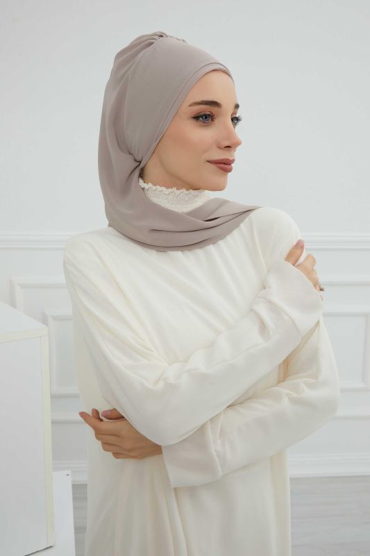 Yandan Fırfırlı Çiçek Aksesuarlı Şifon Hazır Türban,HT-102,HT-102 Vizon-Gold - 4