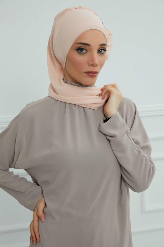 Yandan Fırfırlı Gümüş Aksesuarlı Şifon Hazır Türban,HT-106,HT-106 Bej - 3