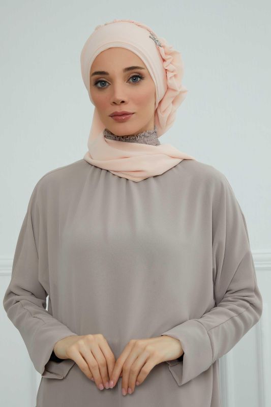 Yandan Fırfırlı Gümüş Aksesuarlı Şifon Hazır Türban,HT-106,HT-106 Bej - 4