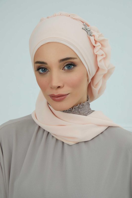 Yandan Fırfırlı Gümüş Aksesuarlı Şifon Hazır Türban,HT-106,HT-106 Bej - 5