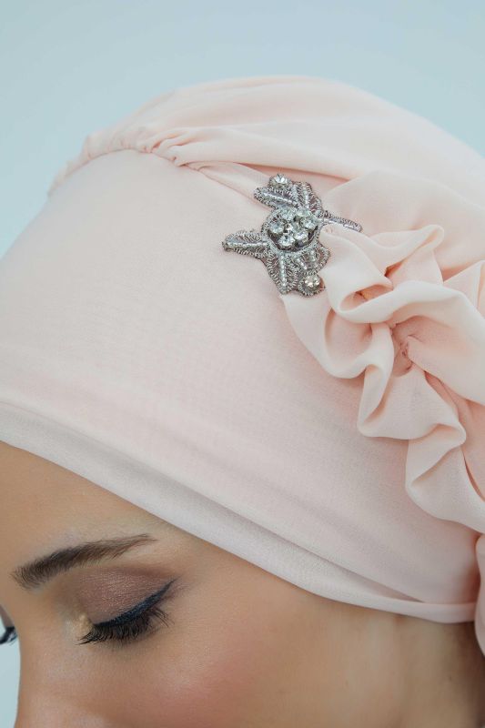 Yandan Fırfırlı Gümüş Aksesuarlı Şifon Hazır Türban,HT-106,HT-106 Bej - 6