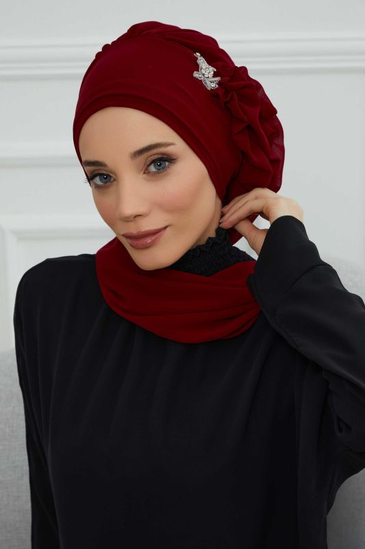 Yandan Fırfırlı Gümüş Aksesuarlı Şifon Hazır Türban,HT-106,HT-106 Bordo - 1