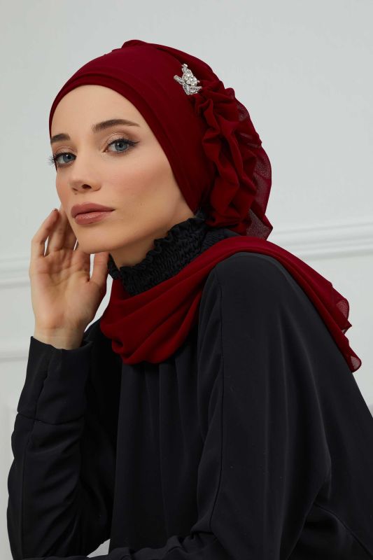 Yandan Fırfırlı Gümüş Aksesuarlı Şifon Hazır Türban,HT-106,HT-106 Bordo - 2