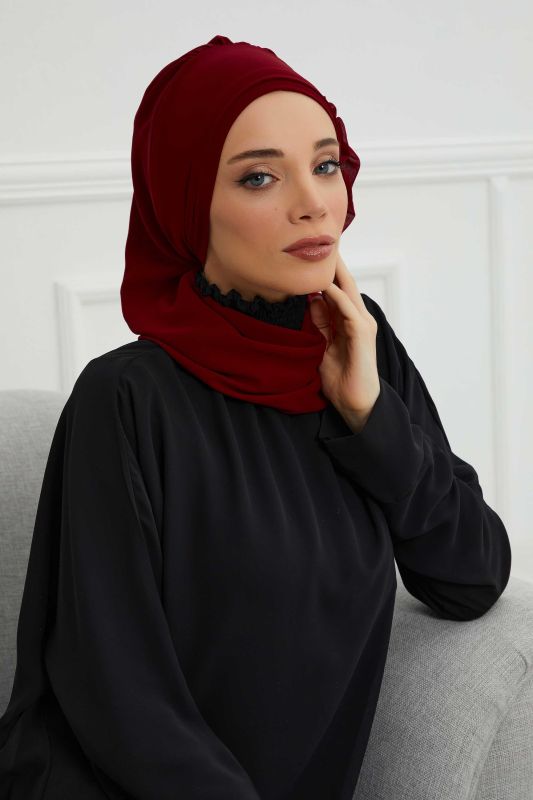 Yandan Fırfırlı Gümüş Aksesuarlı Şifon Hazır Türban,HT-106,HT-106 Bordo - 3