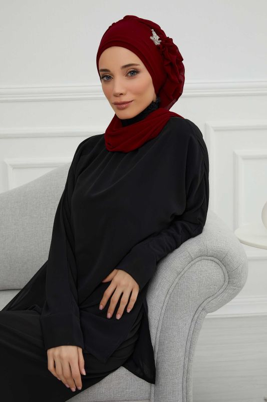 Yandan Fırfırlı Gümüş Aksesuarlı Şifon Hazır Türban,HT-106,HT-106 Bordo - 4