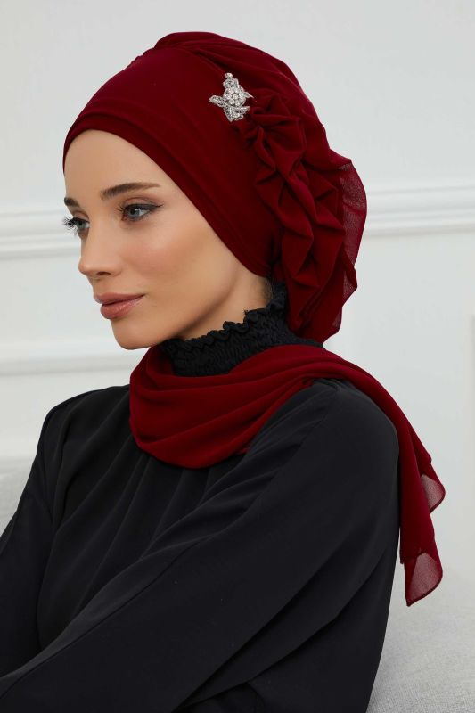 Yandan Fırfırlı Gümüş Aksesuarlı Şifon Hazır Türban,HT-106,HT-106 Bordo - 5