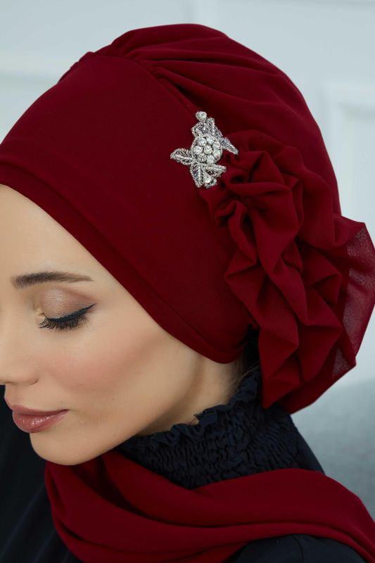 Yandan Fırfırlı Gümüş Aksesuarlı Şifon Hazır Türban,HT-106,HT-106 Bordo - 7