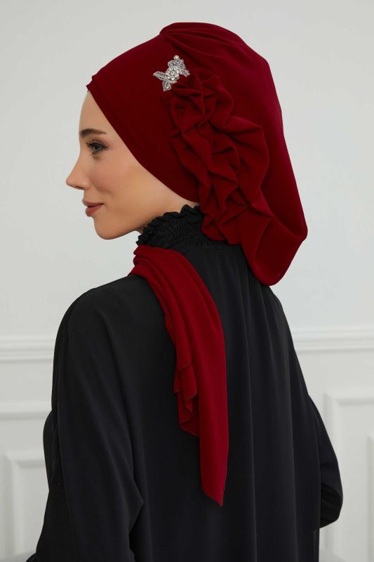 Yandan Fırfırlı Gümüş Aksesuarlı Şifon Hazır Türban,HT-106,HT-106 Bordo - 8