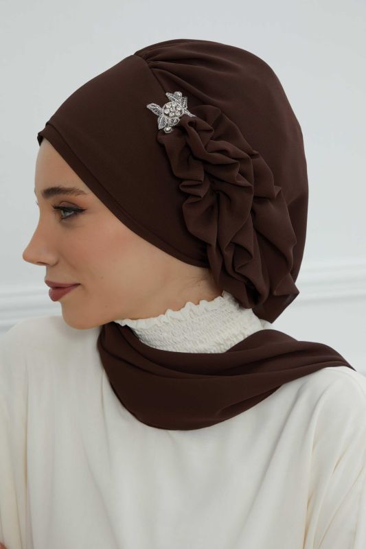 Yandan Fırfırlı Gümüş Aksesuarlı Şifon Hazır Türban,HT-106,HT-106 Kahverengi - 4