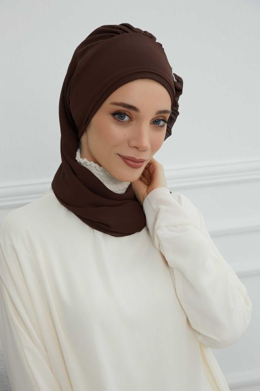 Yandan Fırfırlı Gümüş Aksesuarlı Şifon Hazır Türban,HT-106,HT-106 Kahverengi - 6
