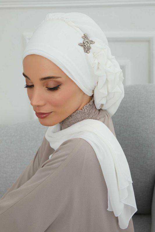Yandan Fırfırlı Gümüş Aksesuarlı Şifon Hazır Türban,HT-106,HT-106 Kırık Beyaz - 6